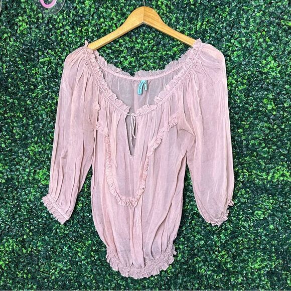Guess by Marciano Sheer Silk Blush Boho Ruffle Top Sz S - Picture 2 of 8